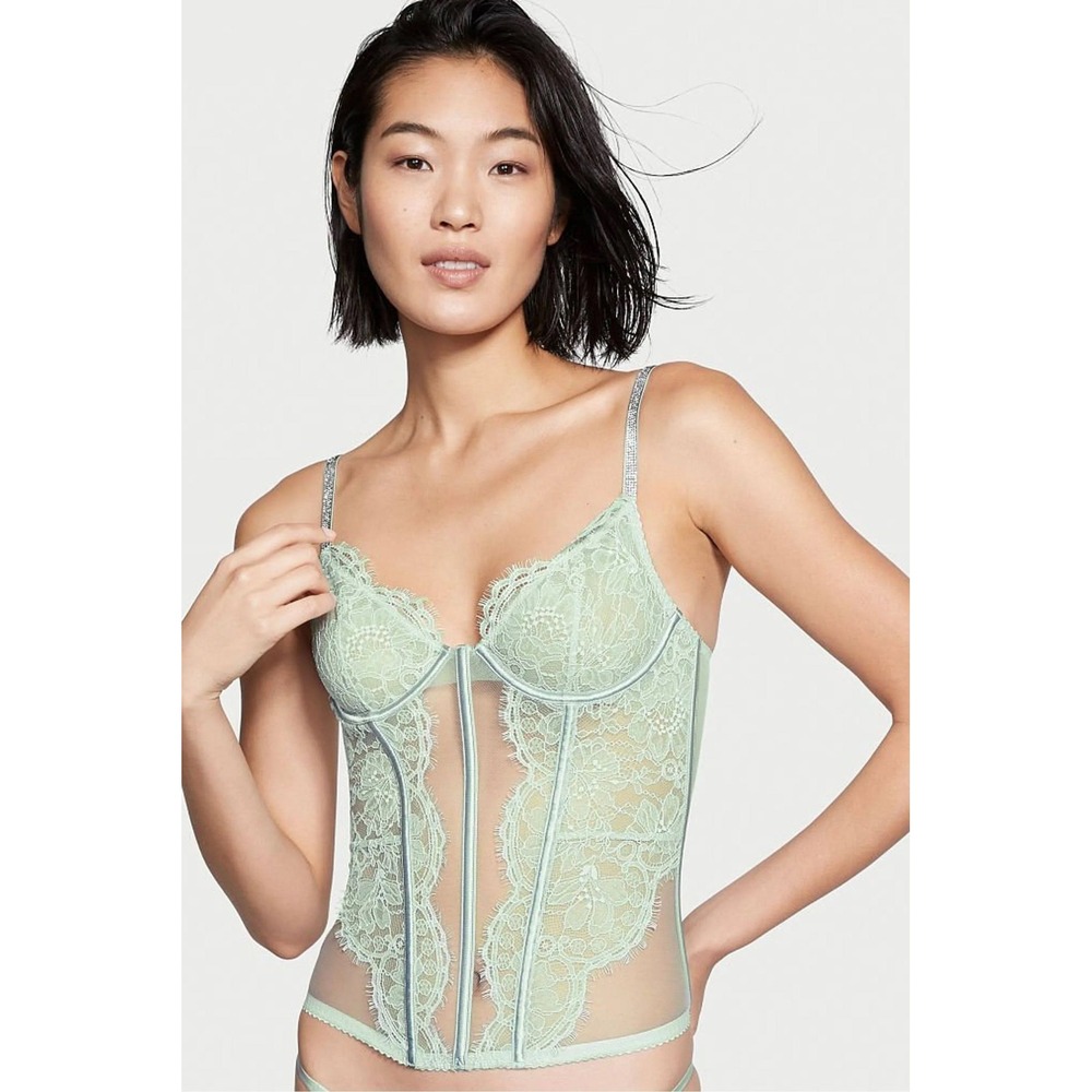 Victoria's Secret Shine Corset Top SMALL Mint Haze Fairy Lace Rhinestone Bustier